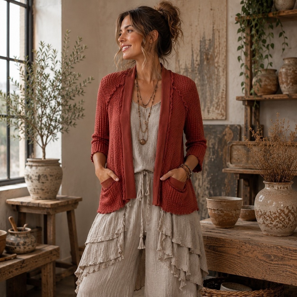 Anthropologie Focus Casual Life Cardigan S Burnt Orange Waffle Knit Lagenlook